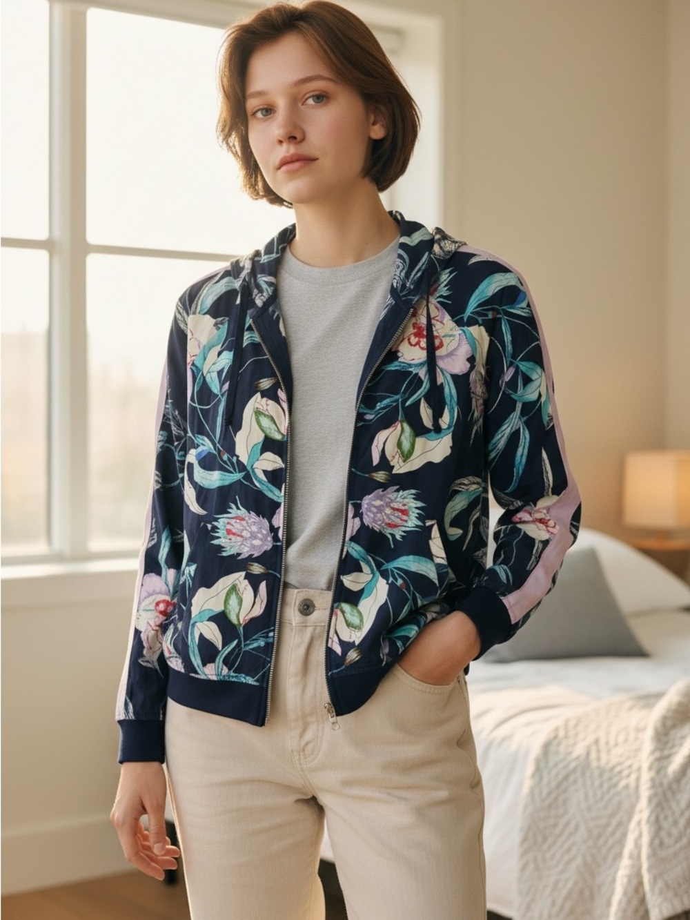 Soho Navy Floral Zip-Front Bomber Jacket with Pink Accents